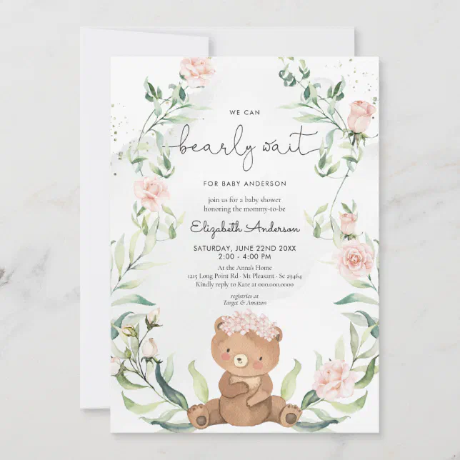Greenery Bear Blush Pink Floral Girl Baby Shower Invitation | Zazzle