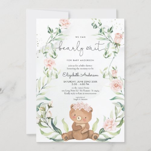 Greenery Bear Blush Pink Floral Girl Baby Shower  Invitation