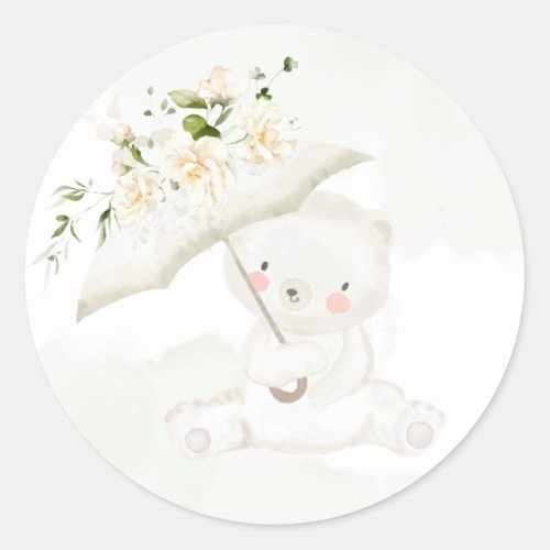 Greenery Bear Gender Neutral Floral Baby Shower Classic Round Sticker