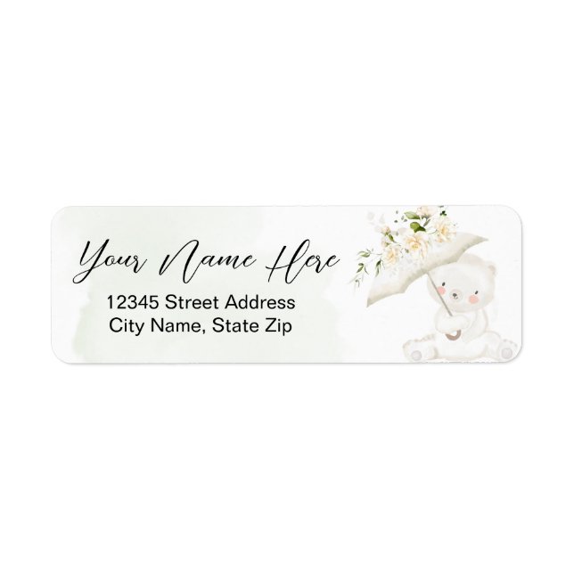 Greenery Bear Gender Neutral Floral Baby Shower  Label (Front)