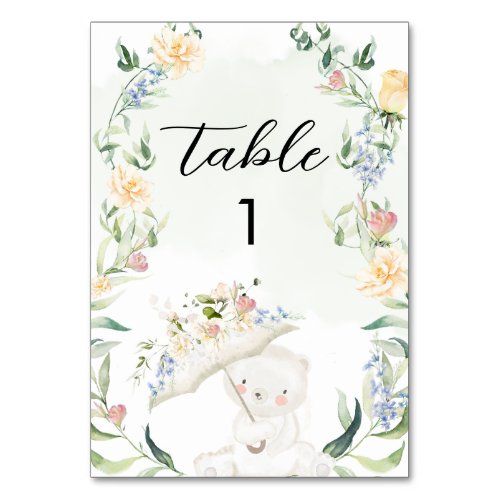 Greenery Bear Gender Neutral Floral Baby Shower  Table Number