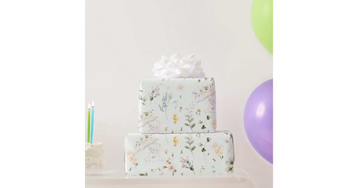 Greenery Bear Gender Neutral Floral Baby Shower Wrapping Paper Sheets
