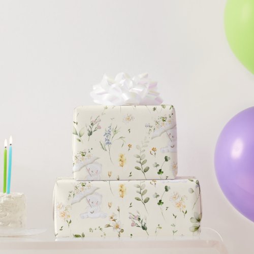 Greenery Bear Gender Neutral Floral Baby Shower  Wrapping Paper