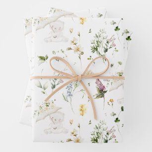 Greenery Bear Gender Neutral Floral Baby Shower Wrapping Paper Sheets