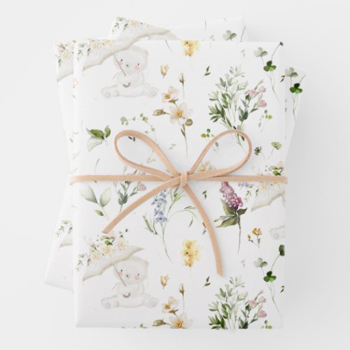 Greenery Bear Gender Neutral Floral Baby Shower  Wrapping Paper Sheets