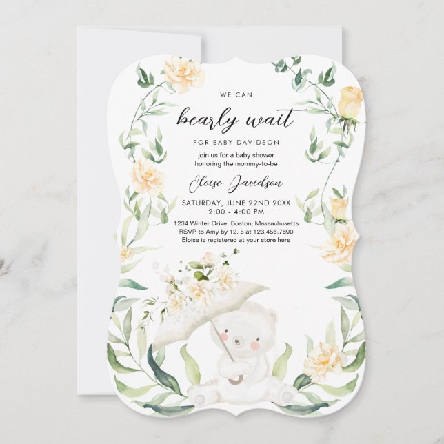 Greenery Bear Gender Neutral Yellow Baby Shower  I Invitation (Front)