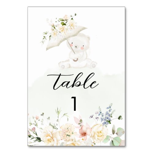 Greenery Bear Green Neutral Floral Baby Shower Table Number