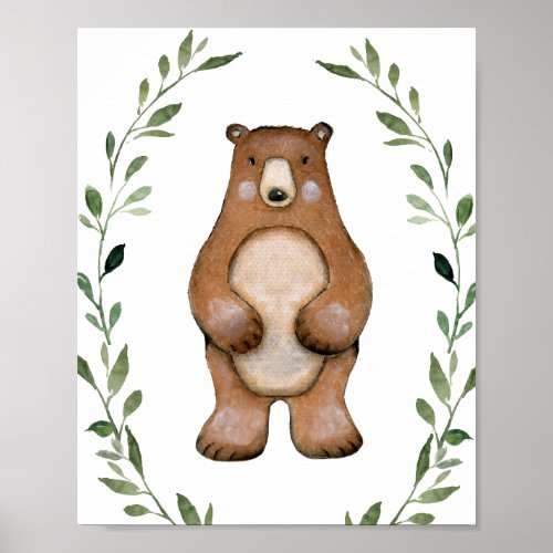 Greenery Bear Woodland Animals Nursery Wall Art