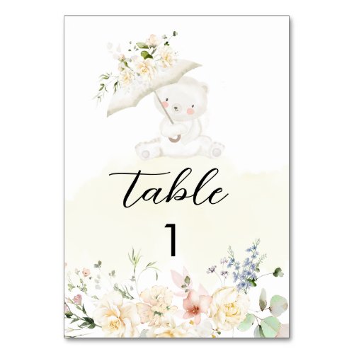 Greenery Bear Yellow Neutral Floral Baby Shower   Table Number