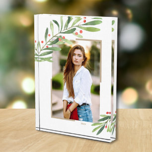 Greenery Berries Christmas Custom Photo Block