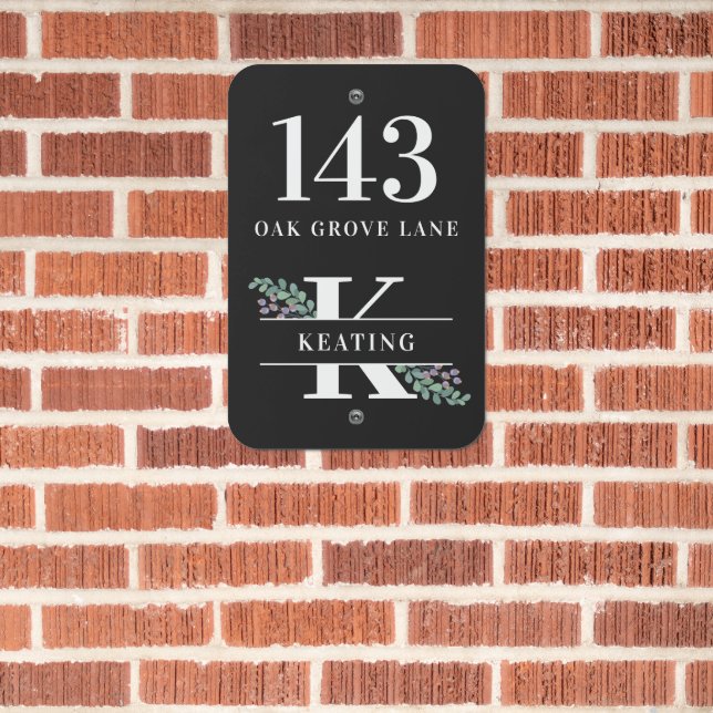 Greenery & Berries House Number Monogram Metal Sign (In Situ(Brick))