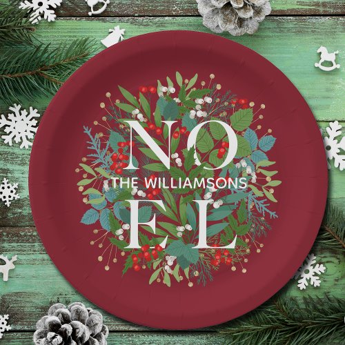 Greenery Berries NOEL Christmas Red Paper Plates