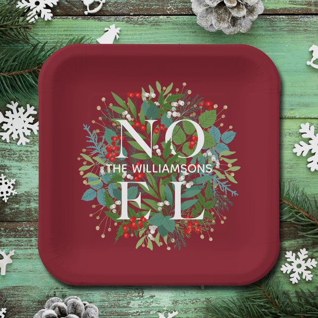 Greenery Berries NOEL Christmas Red Paper Plates (Creator Uploaded)