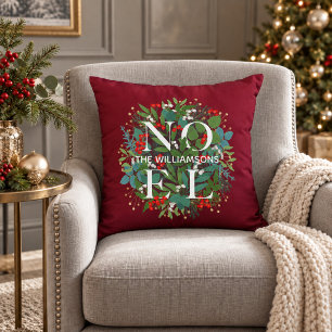 Greenery Berries NOEL Christmas Throw Pillow
