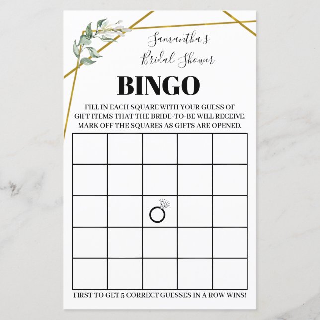 Greenery Bingo Bridal shower bilingual game (Front)