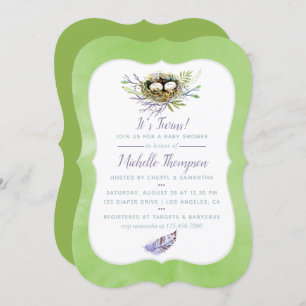 Greenery Birds Nest Twins Baby Shower Invite