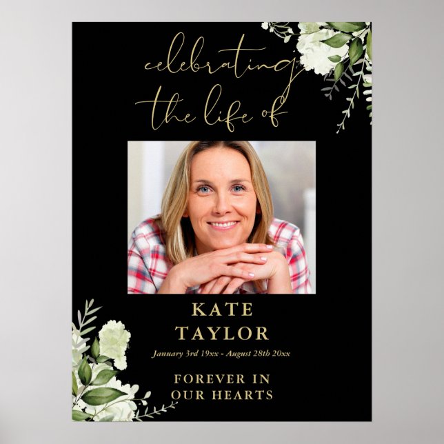 Greenery Black And Gold Celebration Of Life Photo Poster (Front)