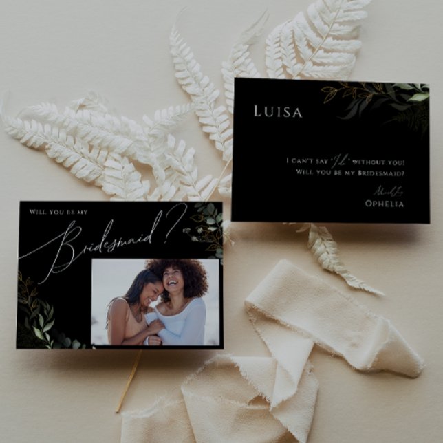 Greenery Black and Gold Photo Bridesmaid Card (Creator Uploaded)