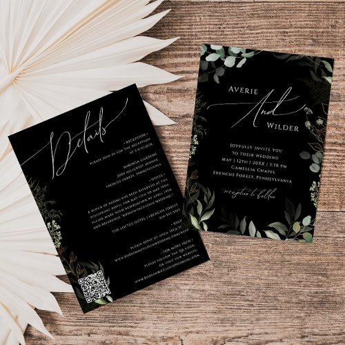 Greenery Black and Gold QR Code All In One Wedding Invitation