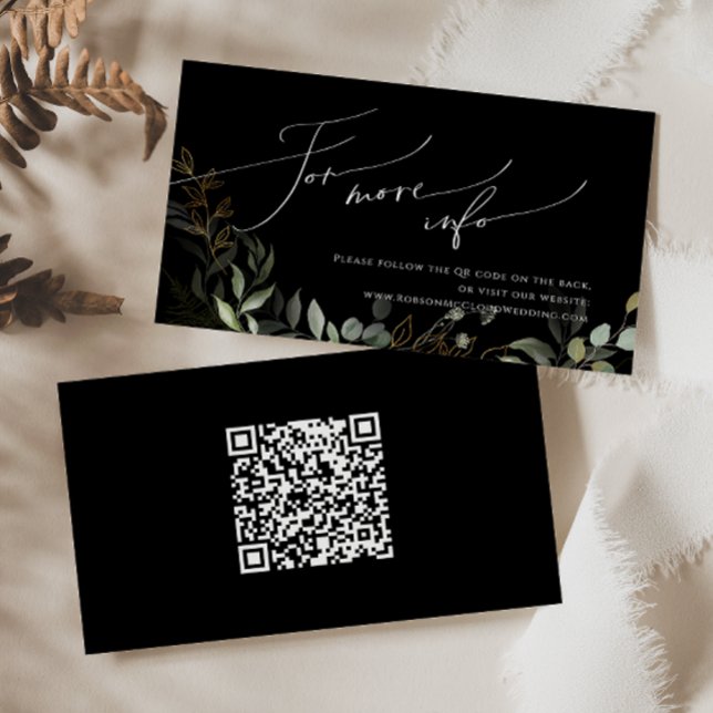 Greenery Black and Gold QR Code Wedding Website Enclosure Card (Creator Uploaded)