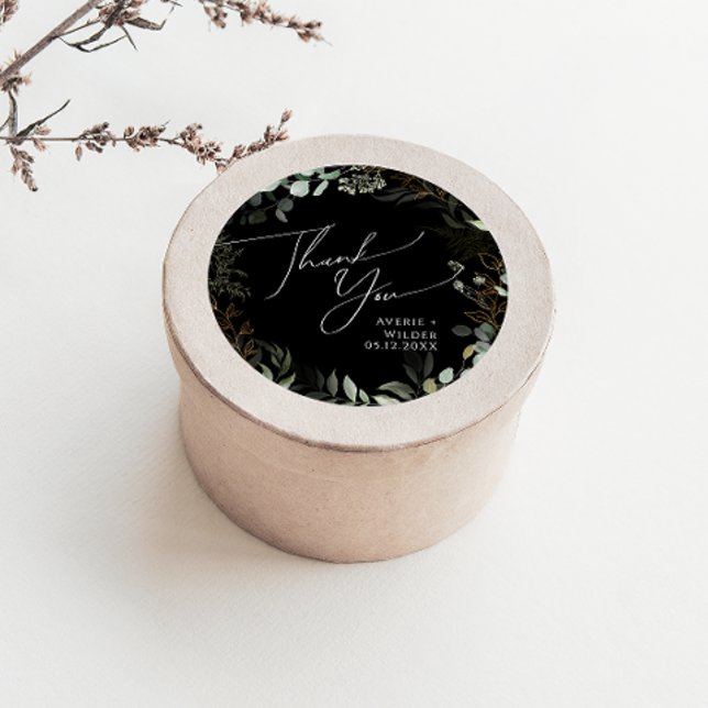 Greenery Black and Gold Thank You Wedding Favor Classic Round Sticker (Creator Uploaded)
