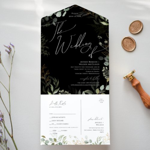 Greenery Black And Gold Wedding Of Seal and Send All In One Invitation