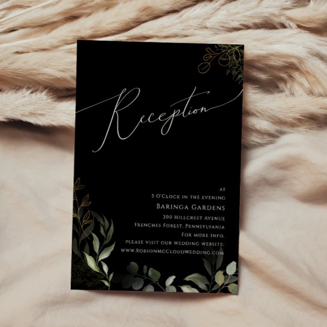 Greenery Black and Gold Wedding Reception Card (Creator Uploaded)