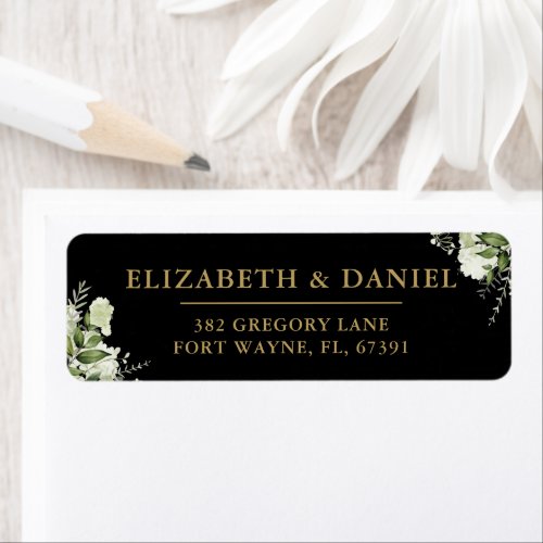 Greenery Black And Gold Wedding Return Address Label