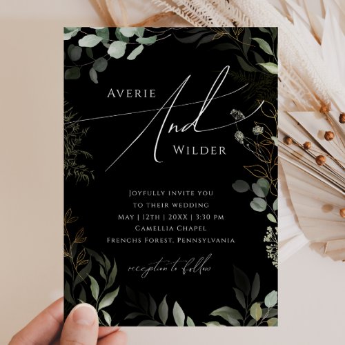 Greenery Black And Gold Wreath Casual Wedding Invitation