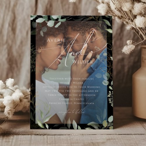 Greenery Black And Gold Wreath Photo Frame Wedding Invitation