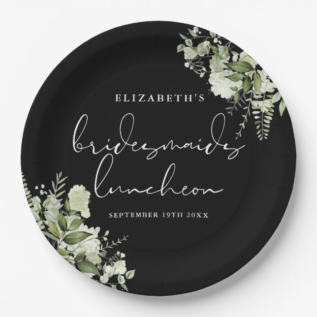 Greenery Black And White Bridesmaids Luncheon Paper Plates (Front)