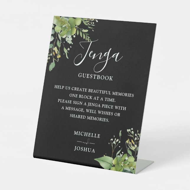 Greenery Black And White Jenga Wedding Guestbook Pedestal Sign (Front)