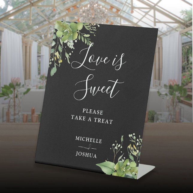 Greenery Black And White Love Is Sweet Favors Pedestal Sign (Greenery Black And White Love Is Sweet Favors Pedestal Sign)