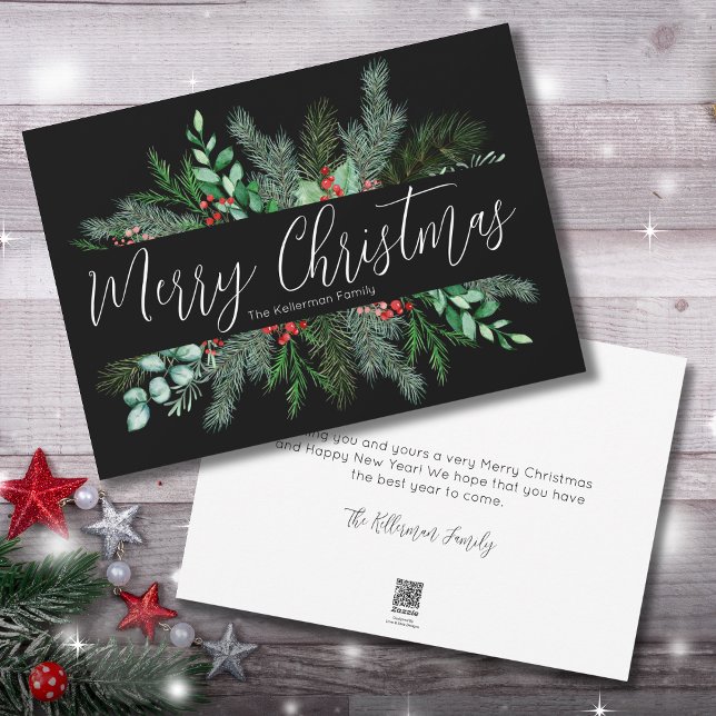Greenery Black Christmas  Holiday Card (Greenery Red Green Black Merry Christmas Holiday Card)