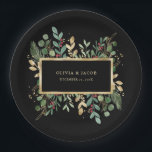 Greenery Black | Christmas Holiday Paper Plates<br><div class="desc">These stunning Christmas wedding or party paper plates feature holiday greenery and leaves with faux gold leaves and red holly berries,  and a center gold frame on a modern black background.</div>