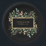 Greenery Black | Christmas Holiday Paper Plates<br><div class="desc">These stunning Christmas wedding or party paper plates feature holiday greenery and leaves with faux gold leaves and red holly berries,  and a center gold frame on a modern black background.</div>