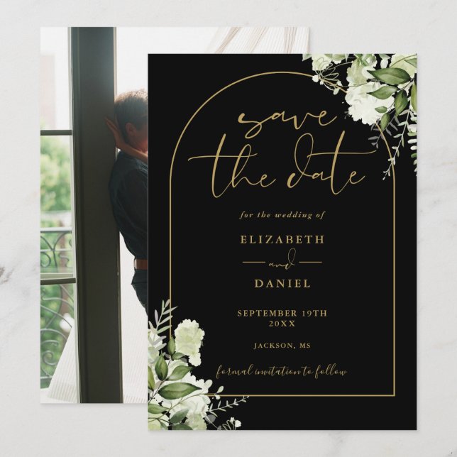 Greenery Black Gold Arch Photo Wedding Save The Date (Front/Back)