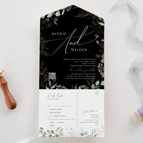 Greenery Black Gold Casual QR Code Seal and Send All In One Invitation