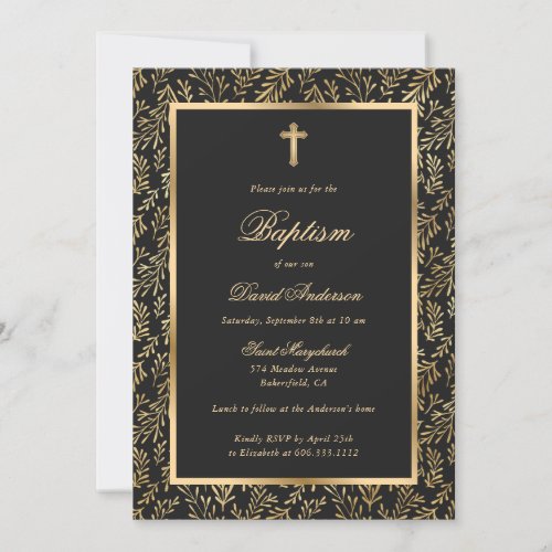 Greenery Black Gold Cross Script Baptism Invitation