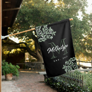 Greenery Black Green Monogram Year Established House Flag