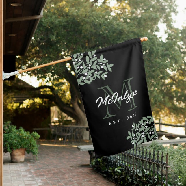 Greenery Black Green Monogram Year Established House Flag (In SItu)