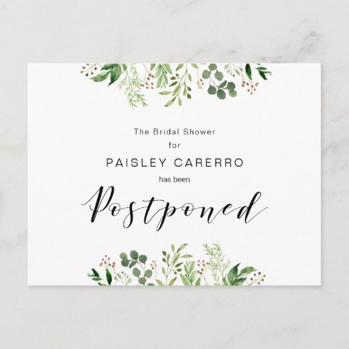 Greenery Black Modern Bridal Shower Postponed Postcard