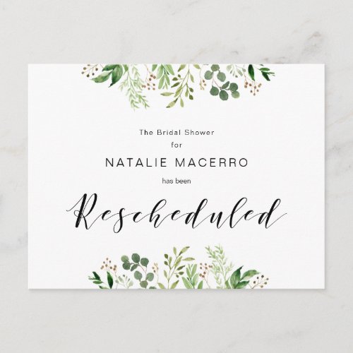 Greenery Black Modern Bridal Shower Rescheduled Postcard