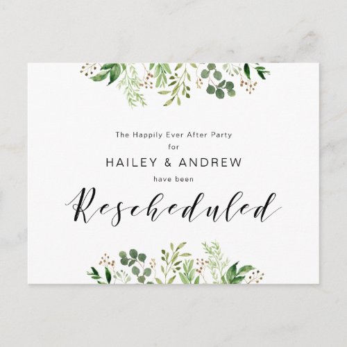 Greenery Black Modern Elopement party Rescheduled Postcard