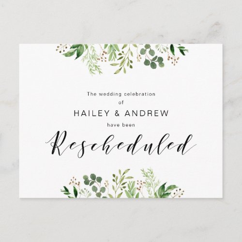 Greenery Black Modern Wedding party Rescheduled Postcard