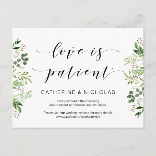 Greenery Black Modern Wedding Postponement Postcard