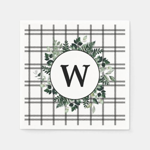 Greenery  Black Plaid Holiday Party Napkins