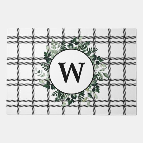 Greenery  Black Plaid Monogram Doormat