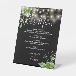 Greenery Black String Lights Wedding Bar Menu Pedestal Sign
