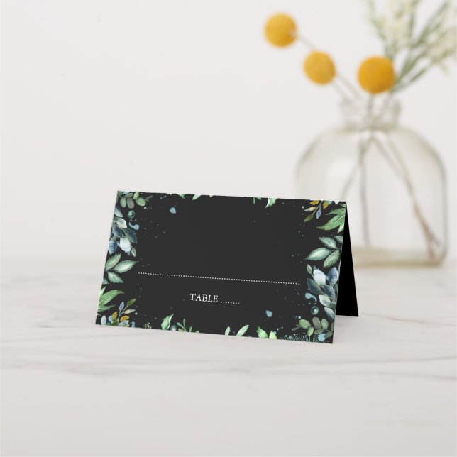 Greenery Black Wedding Place Card (Front)